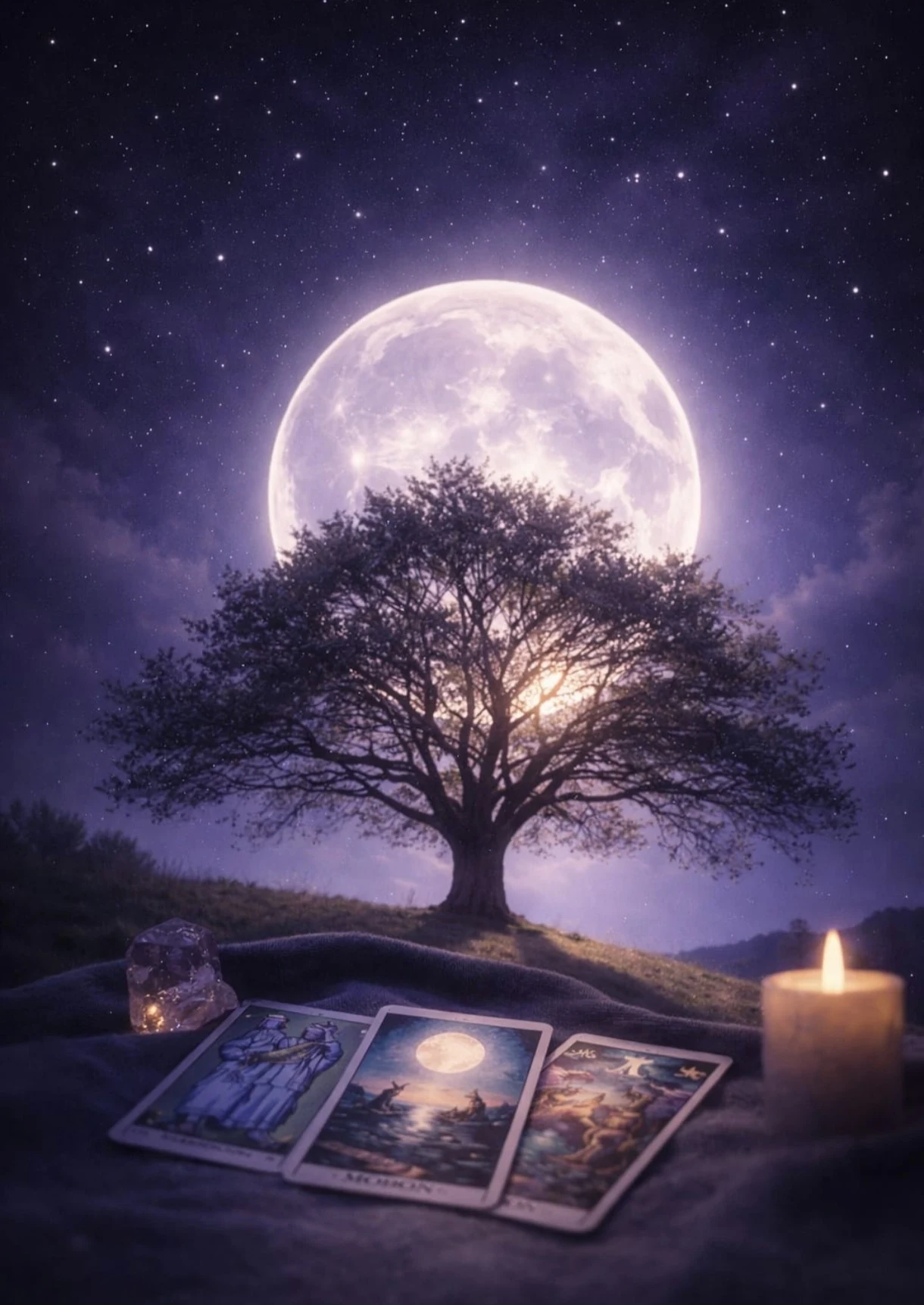 Ein kräftiger Baum vor dem leuchtenden Vollmond, Tarotkarten und warmes Kerzenlicht